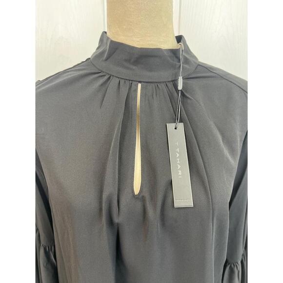 T Tahari Blouse Womens Size M Black Mock Neck Keyhole Large Bell Sleeve Chic - Picture 8 of 14